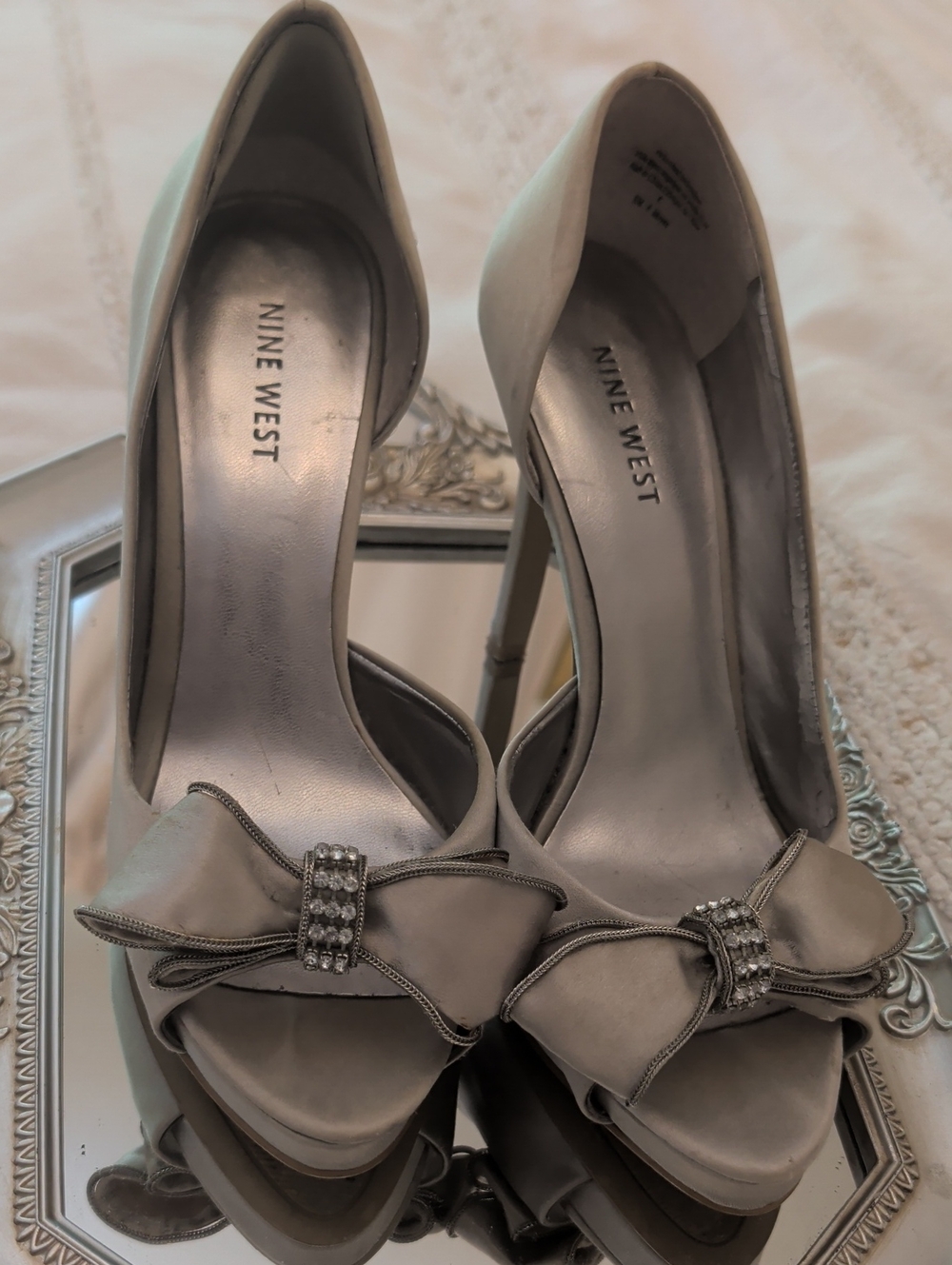 Nine West Silver Rhinestone Bow Peep-Toe Heels